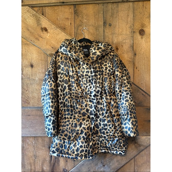 Zara Jackets & Blazers - Zara Leopard Print Quilted Puffer Coat Oversized Hooded Brown Black XS